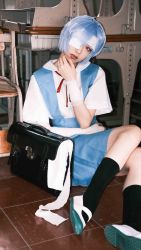 Rule 34 | ayanami rei, ayanami rei (cosplay), blue hair, cosplay, highres, neon genesis evangelion, photo (medium), red eyes, school uniform, tokyo-3 middle school uniform