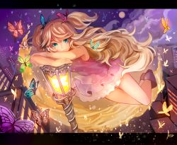 Rule 34 | 1girl, alternate costume, area12, bad id, bad pixiv id, blonde hair, bug, building, butterfly, butterfly hair ornament, city, cloud, dress, floating, full body, glowing, glowing butterfly, hair ornament, insect, lamppost, letterboxed, long hair, looking at viewer, moon, night, night sky, pink dress, purple sky, seeu, short dress, signature, sky, sleeveless, sleeveless dress, smoke, solo, star (symbol), swept bangs, thigh gap, two side up, very long hair, vocaloid