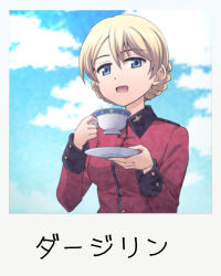 Rule 34 | 1girl, blonde hair, blue eyes, blue sky, braid, character name, cloud, cloudy sky, commentary request, cup, darjeeling (girls und panzer), day, girls und panzer, haniwa (leaf garden), highres, holding, holding cup, holding saucer, jacket, long sleeves, looking at viewer, military, military uniform, open mouth, partial commentary, polaroid, red jacket, saucer, short hair, sky, smile, solo, st. gloriana&#039;s military uniform, teacup, twin braids, uniform