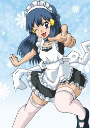 Rule 34 | alternate costume, artist request, blue background, blue eyes, blue hair, creatures (company), dawn (pokemon), game freak, hair ornament, highres, index finger raised, long hair, maid, maid cap, nintendo, one eye closed, pointing, pointing at viewer, pokemon, pokemon (anime), pokemon dppt (anime), solo, thighhighs, white thighhighs, zettai ryouiki
