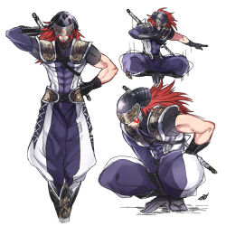 1boy abs armor asymmetrical_sleeves black_gloves covered_abs covered_eyes facepaint frown fuuma_kotarou_(sengoku_basara) gloves helmet highres japanese_armor jumping kabuto_(helmet) kkkaaaayyy long_hair male_focus multiple_views ninja ninjatou red_hair sengoku_basara sheath short_sword squatting sword uneven_sleeves unsheathing weapon white_background