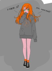 Rule 34 | bottomless, covering own mouth, covering privates, highres, logo, looking at viewer, orange socks, oversized clothes, rogue lambda, shoes, simple background, sneakers, socks, standing, thighs