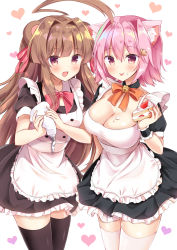 Rule 34 | 2girls, :d, ahoge, animal ears, apron, bear ears, bell, black choker, black legwear, blush, breasts, brown eyes, brown hair, cake, cat ears, choker, commentary request, fang, food, food on face, fruit, hair ornament, heart, heart background, highres, holding, holding food, huge ahoge, jingle bell, kantai collection, kuma (kancolle), large breasts, long hair, maid, maid apron, masayo (gin no ame), multiple girls, open mouth, pink hair, puffy short sleeves, puffy sleeves, red eyes, short hair, short sleeves, smile, strawberry, tama (kancolle), thighhighs, white apron, white background, white legwear