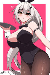 Rule 34 | 1girl, :o, animal ears, armlet, bare shoulders, black bow, black leotard, black pantyhose, blush, border, bow, breasts, bunny day, cleavage, commentary request, detached collar, fake animal ears, fishnet pantyhose, fishnets, five-seven (girls&#039; frontline), girls&#039; frontline, hair between eyes, hair ornament, high ponytail, highres, holding, holding tray, large breasts, leotard, long hair, looking at viewer, open mouth, pantyhose, pink background, playboy bunny, rabbit ears, rabbit girl, sayossa (pak-front), sidelocks, silver hair, solo, tray, very long hair, white border, wrist cuffs, yellow eyes