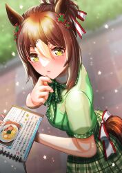 Rule 34 | 1girl, animal ears, blurry, blurry background, blush, bow, brown hair, closed mouth, clothing cutout, clover hair ornament, commentary request, fine motion (umamusume), green bow, green shirt, green skirt, hair between eyes, hair bun, hair ornament, highres, holding, holding menu, horse ears, horse girl, horse tail, looking at viewer, menu, multicolored hair, otono (bkt4b), outdoors, plaid, plaid skirt, polka dot, polka dot bow, shirt, short hair, short sleeves, skirt, solo, sparkle, streaked hair, tail, tail through clothes, umamusume, white hair