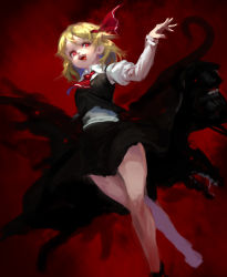 Rule 34 | 1girl, ascot, black skirt, black vest, blonde hair, fingernails, glowing, glowing eyes, hair ornament, hand up, horror (theme), inishie kumo, juliet sleeves, long sleeves, looking at viewer, monster, nail polish, one-hour drawing challenge, puffy sleeves, red ascot, red background, red eyes, red nails, rumia, shirt, short hair, simple background, skirt, smile, solo, tentacles, tongue, tongue out, touhou, vest, white shirt