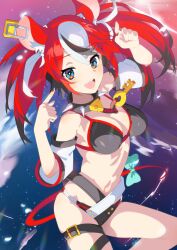 Rule 34 | 1girl, absurdres, animal ears, aqua bow, bikini, black bikini, black collar, black hair, blue eyes, bow, breasts, cleavage, collar, commentary request, gorimaro, hakos baelz, highres, hololive, hololive english, looking at viewer, medium breasts, midriff, mouse ears, mouse girl, mouse tail, multicolored hair, navel, open mouth, red hair, red tail, sharp teeth, sidelocks, skindentation, solo, spiked collar, spikes, streaked hair, swimsuit, tail, tail bow, tail ornament, teeth, twintails, upper body, virtual youtuber, white hair