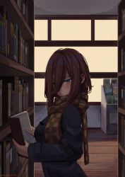 Rule 34 | 1girl, absurdres, artist name, blue eyes, blush, book, brown hair, checkered clothes, checkered scarf, from side, go-toubun no hanayome, hair between eyes, hair over one eye, highres, library, long hair, looking at viewer, makinoatorie, medium hair, nakano miku, painterly, painttool sai (medium), scarf, school uniform, solo, twitter username, window, winter clothes, wooden floor