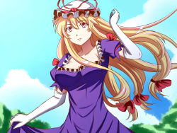 Rule 34 | 1girl, arm up, armband, blonde hair, blue sky, bow, breasts, cleavage, clothes lift, cloud, collarbone, cowboy shot, day, dress, dress lift, elbow gloves, gloves, hair bow, hat, hat ribbon, highres, jpeg artifacts, kyoukyan, large breasts, long hair, mob cap, parted lips, pink eyes, purple dress, ribbon, short sleeves, sky, solo, taut clothes, teeth, touhou, tree, white gloves, wind, yakumo yukari