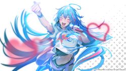 Rule 34 | 1girl, blue hair, blush, breasts, clothes around waist, cropped shirt, closed eyes, fang, fang out, heart, hero cantare, holding, holding microphone, jacket, jacket around waist, leenim, long hair, microphone, multicolored hair, official art, open mouth, pink hair, rockcrawler, shirt, short shorts, shorts, smile, solo, teeth, very long hair, white shirt, wristband
