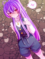 Rule 34 | 1girl, :t, ahoge, blush, buttons, closed mouth, commentary, cowboy shot, cowlick, crossed bangs, flat chest, grey overalls, hair between eyes, high ponytail, highres, hiyoku no crosspiece, jewelry, long bangs, long hair, long sleeves, looking at viewer, multicolored hair, nanashi inc., necklace, overalls, purple hair, qwq oekaki, red eyes, shirt, shisui kiki, sidelocks, solo, spoken blush, streaked hair, stuffed animal, stuffed toy, teddy bear, turtleneck, very long hair, virtual youtuber, white shirt