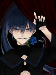 Rule 34 | 1girl, absurdres, ado (utaite), black gloves, black sailor collar, blue eyes, blue flower, blue hair, blue rose, chando (ado), character name, clothing cutout, fingerless gloves, flower, flower in mouth, gloves, hair between eyes, half gloves, high ponytail, highres, long hair, looking at viewer, mouth hold, naima (ado), red curtains, rose, sailor collar, siu zaak, solo, straight-on, teeth, twitter username, upper body, usseewa, utaite, very long hair