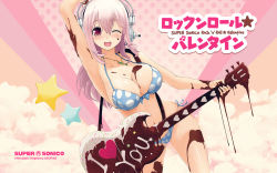 Rule 34 | 1girl, arm up, armpits, bikini, blush, breasts, character name, chocolate, chocolate on body, chocolate on breasts, cleavage, electric guitar, food on body, guitar, headphones, heart, highres, instrument, jewelry, large breasts, long hair, looking at viewer, melting, navel, necklace, nitroplus, official art, official wallpaper, one eye closed, open mouth, pink background, pink hair, pink theme, polka dot, polka dot background, polka dot bikini, polka dot swimsuit, purple eyes, shiny skin, side-tie bikini bottom, smile, smoke, solo, star (symbol), super sonico, swimsuit, tsuji santa, valentine, wink