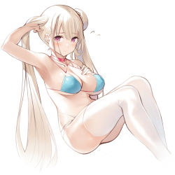 Rule 34 | 1girl, asymmetrical breasts, asymmetrical hair, azur lane, bare arms, bare shoulders, bikini, blue bikini, blush, bright pupils, choker, closed mouth, collarbone, commentary request, feet out of frame, flying sweatdrops, formidable (azur lane), formidable (the lady of the beach) (azur lane), from side, hair bun, highres, light smile, long hair, looking at viewer, nekomu, official alternate costume, platinum blonde hair, purple eyes, red choker, simple background, single hair bun, sitting, solo, string bikini, swimsuit, thighhighs, twintails, very long hair, white background, white bikini, white pupils, white thighhighs