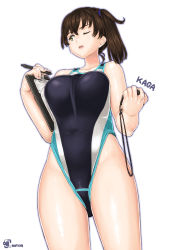 Rule 34 | 1girl, absurdres, alternate costume, artist logo, ass, black one-piece swimsuit, breasts, brown eyes, brown hair, character name, clipboard, collarbone, competition swimsuit, covered navel, hair between eyes, hair ornament, highres, kaga (kancolle), kantai collection, large breasts, lips, long hair, looking at viewer, notchi, one-piece swimsuit, one eye closed, open mouth, pen, side ponytail, smile, solo, standing, swimsuit, thighs, twitter username, watch
