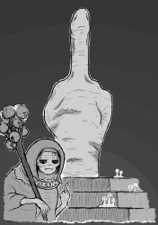 Rule 34 | 1girl, bell, candle, elden ring, finger reader enia, frown, greyscale, highres, holding, jingle bell, jitome, middle finger, monochrome, old, old woman, robe, stairs, taiyo sun sun, two fingers (elden ring), wrinkled skin