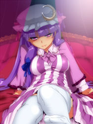 Rule 34 | 1girl, bad id, bad pixiv id, bed, breasts, canopy bed, crescent, dress, female focus, hat, hyudora, large breasts, long hair, long sleeves, looking at viewer, mob cap, on bed, outstretched foot, outstretched leg, patchouli knowledge, pink eyes, purple hair, sitting, smile, solo, striped clothes, striped dress, thighhighs, thighs, touhou, white thighhighs, zettai ryouiki