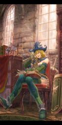 Rule 34 | 1girl, blonde hair, book, boots, cat, chair, closed eyes, elbow gloves, fantasy, gloves, hat, highres, jill (yansun), letterboxed, sheath, sheathed, shield, short hair, sitting, solo, sword, the elder scrolls, the elder scrolls iv: oblivion, thigh boots, thighhighs, weapon, window, witch hat, yansun