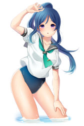 Rule 34 | 1girl, :p, arm up, blue hair, blue one-piece swimsuit, collarbone, contrapposto, cropped legs, floating hair, green neckwear, grey sailor collar, hair between eyes, high ponytail, highres, long hair, looking at viewer, love live!, love live! sunshine!!, matsuura kanan, one-piece swimsuit, parted bangs, purple eyes, sailor collar, shirt, short sleeves, shuga (0329tixi), simple background, solo, swimsuit, tongue, tongue out, very long hair, wading, white background, white shirt
