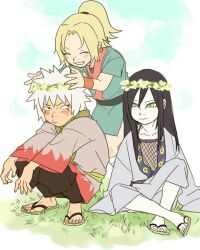 Rule 34 | aged down, annoyed, arms up, black hair, blonde hair, blush, cloud, cloudy sky, crossed legs, eyeliner, facial mark, grass, grin, hair tied up, head wreath, japanese clothes, jiraiya (naruto), kimono, light smile, long hair, looking at another, makeup, multicolored clothes, multiple boys, naruto (series), naruto shippuuden, on ground, orochimaru (naruto), pale skin, pouting, sandals, sky, slit pupils, smile, spiked hair, squatting, sweatdrop, tsunade (naruto), white hair, yellow eyes