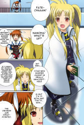 Rule 34 | 00s, 2girls, 40010prototype, belt, blonde hair, bow, cape, coat, comic, closed eyes, fate testarossa, fingerless gloves, gloves, hard-translated, lyrical nanoha, magical girl, mahou shoujo lyrical nanoha, mahou shoujo lyrical nanoha strikers, multiple girls, o o, panties, red bow, red eyes, red hair, reflection, takamachi nanoha, thighhighs, third-party edit, translated, truth, twintails, underwear, waist cape, white devil, white panties