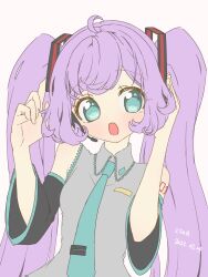 Rule 34 | 1girl, :o, ahoge, bare shoulders, black sleeves, blue eyes, blue necktie, collared shirt, commentary request, cosplay, detached sleeves, grey shirt, hair ornament, hands up, hatsune miku, hatsune miku (cosplay), headset, highres, long hair, looking at viewer, manaka laala, monyara (pyaltu), necktie, open mouth, pretty series, pripara, purple hair, shirt, shoulder tattoo, sleeveless, sleeveless shirt, solo, tattoo, twintails, upper body, very long hair, vocaloid, white background