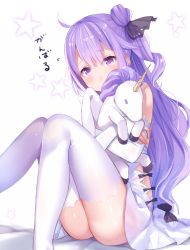Rule 34 | 1girl, ahoge, azur lane, bare shoulders, bed sheet, black bow, blush, bow, dress, elbow gloves, feet out of frame, fingernails, gloves, hair bun, head tilt, highres, horns, knees together feet apart, knees up, long hair, looking at viewer, hugging object, one side up, purple eyes, purple hair, short dress, side bun, single hair bun, single horn, single side bun, sleeveless, sleeveless dress, solo, star (symbol), starry background, straight hair, stuffed unicorn, tareme, thighhighs, thighs, translated, unicorn (azur lane), upskirt, very long hair, white dress, white gloves, white thighhighs, yuraiko