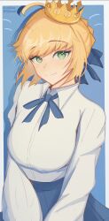 0nineo9 1girl absurdres ahoge artoria_pendragon_(all) artoria_pendragon_(fate) blonde_hair blue_ribbon blue_skirt braid breasts collared_shirt crown fate/stay_night fate_(series) green_eyes hair_bun hair_ribbon highres long_hair long_sleeves looking_at_viewer medium_breasts ribbon saber_(fate) shirt sidelocks skirt smile solo white_shirt