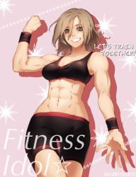 Rule 34 | 1girl, abs, biceps, clenched hand, collarbone, elee0228, english text, flexing, highres, looking at viewer, navel, original, pink background, short hair, shorts, solo, sports bra, sportswear, standing, star (symbol), starbottle, teeth, tight clothes, watermark