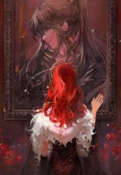 Rule 34 | 1girl, absurdres, back, bai liu, black dress, black hair, dress, feather boa, flower, hearts (i became a god in a horror game), high ponytail, highres, i became a god in a horror game, jacket, jewelry, lizicha, long hair, picture frame, purple eyes, red flower, red hair, red nails, red rose, rose, sidelocks, smile, sparkle, suit jacket