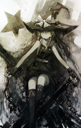 Rule 34 | 1girl, bad id, bad pixiv id, blonde hair, boots, braid, chain, dress, female focus, fingerless gloves, gloves, hat, highres, kirisame marisa, kneehighs, long hair, looking at viewer, monochrome, muted color, scarf, single braid, sitting, sleeveless, sleeveless dress, socks, solo, spot color, star (symbol), touhou, very long hair, witch hat, yellow eyes, zen33n