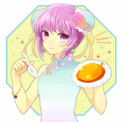 Rule 34 | 1girl, alternate costume, alternate hairstyle, bad id, bad pixiv id, bracelet, china dress, chinese clothes, double bun, dress, earrings, fingernails, flower, food, hair flower, hair ornament, jewelry, mroj, peka chu, pink flower, pink rose, plate, purple eyes, purple hair, romaji text, rose, short hair, smile, solo, sophie (tales), spoon, tales of (series), tales of graces, yellow background