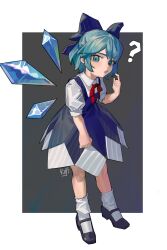 Rule 34 | 1girl, :o, ?, absurdres, artist name, black footwear, blue bow, blue dress, blue eyes, blue hair, border, bow, cirno, collared shirt, dress, full body, grey background, hair bow, hand up, highres, huge bow, ice, ice wings, kofi-mo, looking at viewer, mary janes, medium dress, neck ribbon, outside border, pointing, pointing at self, puffy short sleeves, puffy sleeves, red bow, ribbon, shirt, shoes, short hair, short sleeves, signature, socks, solo, standing, touhou, white border, white shirt, white socks, wings