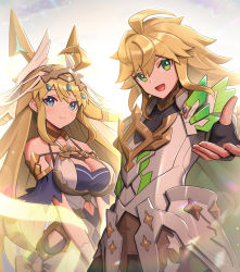 Rule 34 | 1boy, 1girl, absurdres, armor, bare shoulders, blonde hair, blue eyes, breasts, brother and sister, cowlick, dragalia lost, euden, fingerless gloves, gloves, gonzarez, green eyes, highres, large breasts, long hair, looking at viewer, official alternate costume, outstretched hand, reaching, reaching towards viewer, siblings, smile, twins, very long hair, zethia