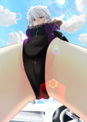 Rule 34 | 1girl, alternate costume, blue sky, braid, breasts, cameltoe, car, clothes writing, cloud, covered navel, day, female focus, from below, hair ribbon, izayoi sakuya, lens flare, leotard, looking at viewer, maid, maid headdress, medium breasts, motor vehicle, perspective, race queen, ribbon, silver hair, sky, solo, spread legs, sun, touhou, twin braids, vehicle, yamaiso