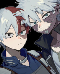 Rule 34 | 2boys, black background, black eyes, blue eyes, boku no hero academia, brothers, burn scar, closed mouth, commentary request, dabi (boku no hero academia), expressionless, gomenne (gomechi), hair between eyes, heterochromia, looking at viewer, male focus, multicolored hair, multiple boys, outline, red hair, scar, scar on face, siblings, split-color hair, stitched face, stitches, todoroki shouto, two-tone hair, upper body, white hair, white outline