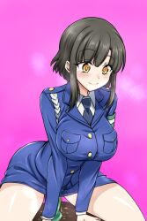 1girl black_hair blush breasts closed_mouth jashin-chan_dropkick large_breasts masturbation police police_uniform policewoman short_hair smile solo tachibana_mei_(jashin-chan_dropkick) ufufuto yellow_eyes