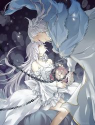 Rule 34 | 00s, 1boy, 1girl, bandages, braid, capelet, chain, detached sleeves, dress, father and daughter, flower, highres, long hair, pandora hearts, ponytail, purple eyes, levi baskerville, rose, smile, wavily, white hair, will of the abyss