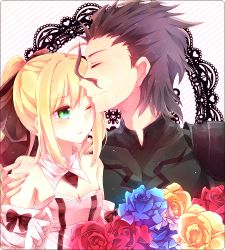 Rule 34 | 1boy, 1girl, ahoge, ajuvyrvosjfj, artoria pendragon (fate), bad id, bad pixiv id, bare shoulders, blonde hair, blue flower, blue rose, blush, bow, brown hair, capcom, couple, detached sleeves, closed eyes, fate/unlimited codes, fate/zero, fate (series), flower, green eyes, hair bow, hetero, kiss, diarmuid ua duibhne (lancer) (fate), one eye closed, ponytail, red flower, red rose, rose, saber (fate), saber lily, short hair, wink, yellow flower, yellow rose