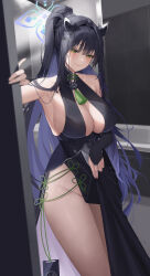 Rule 34 | 1girl, absurdres, animal ears, black dress, black hair, blue archive, blue halo, blurry, blush, breasts, bridal gauntlets, center opening, china dress, chinese clothes, cleavage, closed mouth, depth of field, dress, foreshortening, green eyes, halo, highres, jupo, large breasts, long hair, ponytail, shun (blue archive), sidelocks, smile, solo, tassel, thighs, tiger ears, very long hair
