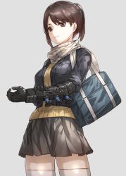 Rule 34 | 1girl, :3, bag, blue jacket, breast pocket, brown eyes, brown hair, brown skirt, closed mouth, commentary request, contrapposto, cyborg, gloves, grey background, jacket, kfr, looking at viewer, mechanical arms, original, pocket, ponytail, scarf, shoulder bag, simple background, single mechanical arm, skirt, smile, solo, standing, sweater, thighhighs, white scarf, white thighhighs