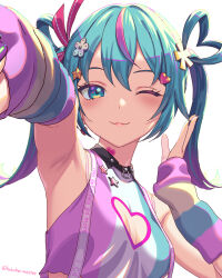 Rule 34 | 1girl, ;), aida takanobu, arm up, armpits, bare shoulders, blush, breasts, cleavage cutout, closed mouth, clothing cutout, green hair, hair between eyes, hair ornament, hatsune miku, heart, highres, looking at viewer, medium hair, one eye closed, reaching, reaching towards viewer, simple background, small breasts, smile, solo, star (symbol), twitter username, upper body, vocaloid, white background