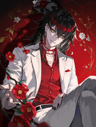 Rule 34 | 1boy, absurdres, belt, black belt, black hair, black nails, buttons, camellia, commentary, crossed legs, earrings, english commentary, feet out of frame, flower, formal, gradient background, head tilt, heartki, highres, jewelry, long hair, looking at viewer, makeup, male focus, mascara, nail polish, nijisanji, nijisanji en, open clothes, open shirt, outstretched hand, pants, partially unbuttoned, red background, red flower, red hair, red shirt, red theme, shirt, simple background, single earring, solo, suit, tassel, tassel earrings, virtual youtuber, vox akuma, vox akuma (1st costume), white flower, white pants, white suit, yellow eyes