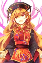 Rule 34 | 1girl, belt, black dress, black hat, blonde hair, bow, bowtie, breasts, brown belt, chinese clothes, crescent, dress, energy, hair between eyes, hat, junko (touhou), kutsuki kai, long hair, long sleeves, looking at viewer, medium breasts, open mouth, orange hair, phoenix crown, pom pom (clothes), red eyes, red vest, simple background, smile, solo, tabard, touhou, vest, white background, wide sleeves, yellow bow, yellow bowtie