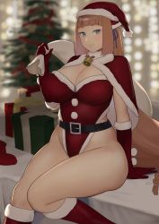 Rule 34 | 1girl, aqua eyes, bell, belt, blunt bangs, blurry, blurry background, boots, breasts, brown hair, christmas, christmas tree, cleavage, collarbone, curvy, elbow gloves, fur trim, gloves, hat, highres, large breasts, long hair, momoko (shoutao), original, pom pom (clothes), sack, santa costume, santa hat, shoutao, sitting, smile, thick thighs, thighs, very long hair, wide hips