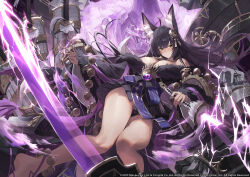 Rule 34 | 1girl, absurdres, ahoge, animal ear fluff, animal ears, armor, azur lane, beads, black dress, black hair, black panties, breasts, copyright notice, dress, electricity, facial mark, floating hair, fox ears, fox girl, fox tail, highres, holding, holding sword, holding weapon, katana, large breasts, long hair, looking at viewer, musashi (azur lane), nail polish, netural, official art, panties, parted lips, prayer beads, solo, sword, tail, thighs, underwear, very long hair, weapon, whisker markings, yellow eyes