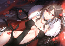 Rule 34 | 1girl, absurdres, black dress, breasts, brown hair, cain art811, center opening, choker, collarbone, commentary request, dress, fate/grand order, fate (series), flower, fur trim, hair between eyes, highres, jacket, long hair, looking at viewer, medium breasts, multicolored background, navel, red eyes, revealing clothes, solo, strapless, strapless dress, very long hair, yu mei-ren (fate)
