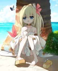Rule 34 | 1girl, :o, animal, bare shoulders, barefoot, blonde hair, blue eyes, blue sky, brown footwear, bug, butterfly, cloud, collarbone, commentary request, day, dress, hair between eyes, hair intakes, hands on own knees, highres, horizon, insect, jacket, knees up, long hair, long sleeves, ocean, open clothes, open jacket, open mouth, original, outdoors, platform footwear, sandals, single sandal, sitting, sky, sleeveless, sleeveless dress, sleeves past wrists, solo, very long hair, water, white dress, white jacket, wide sleeves, yuuhagi (amaretto-no-natsu)