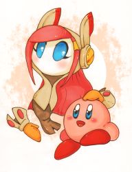 Rule 34 | 1boy, 1girl, blue eyes, halgalaz, kirby, kirby: planet robobot, kirby (series), long hair, nintendo, no humans, open mouth, pink hair, simple background, smile, susie (kirby)