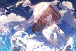 Rule 34 | 1girl, bare shoulders, bison cangshu, bridal veil, brown hair, bubble, character request, collarbone, copyright request, dress, closed eyes, facing away, highres, jellyfish, medium hair, own hands clasped, own hands together, solo, veil, wedding dress, white dress